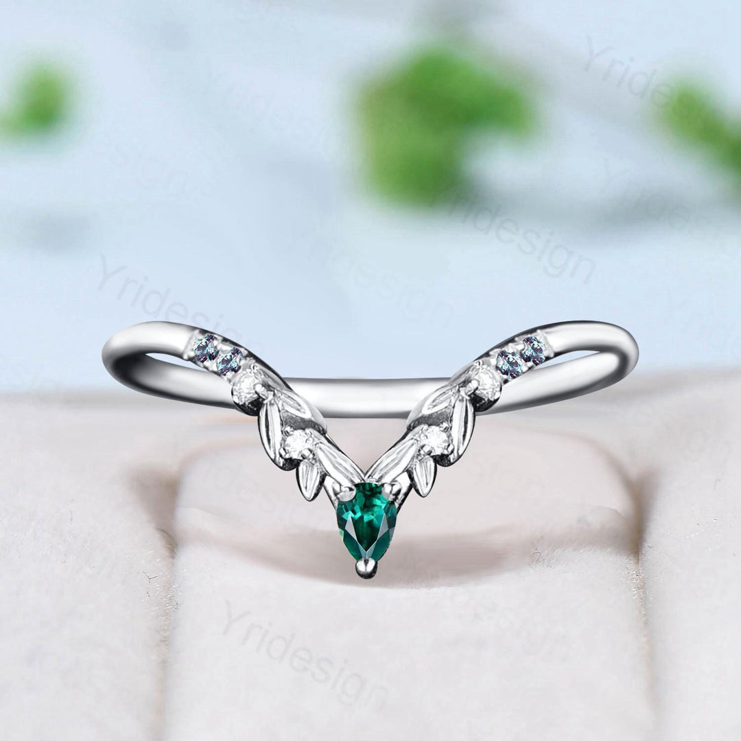 Curved Alexandrite Wedding Band Nature Inspired Pear Shaped Emerald Stackable Ring Women Leaf Vine Matching Band Anniversary Promise Gift - PENFINE