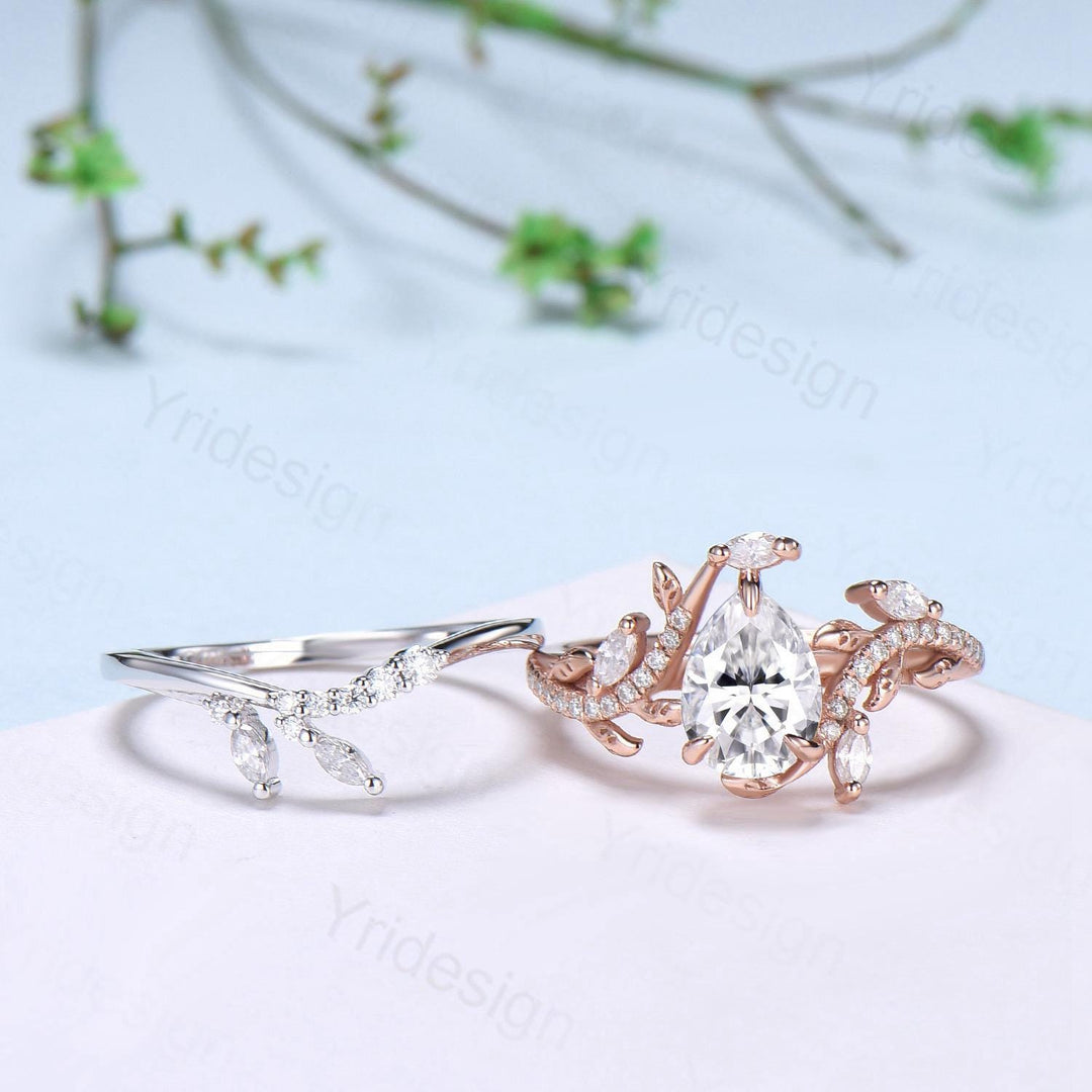 Pear Shaped Brilliant Moissanite Engagement Ring Set Nature Inspired Snake Eternity Wedding Set Moissanite Promise Bridal Set Women Gifts - PENFINE