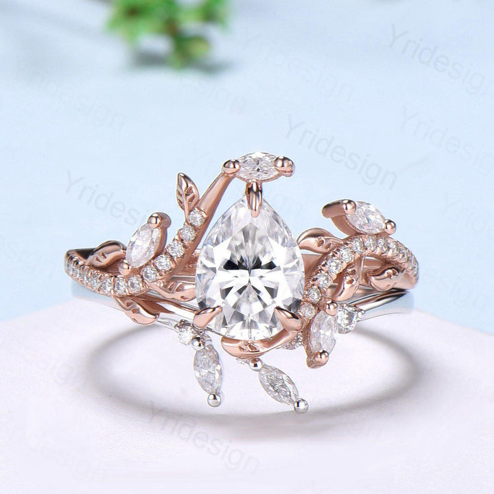 Pear Shaped Brilliant Moissanite Engagement Ring Set Nature Inspired Snake Eternity Wedding Set Moissanite Promise Bridal Set Women Gifts - PENFINE