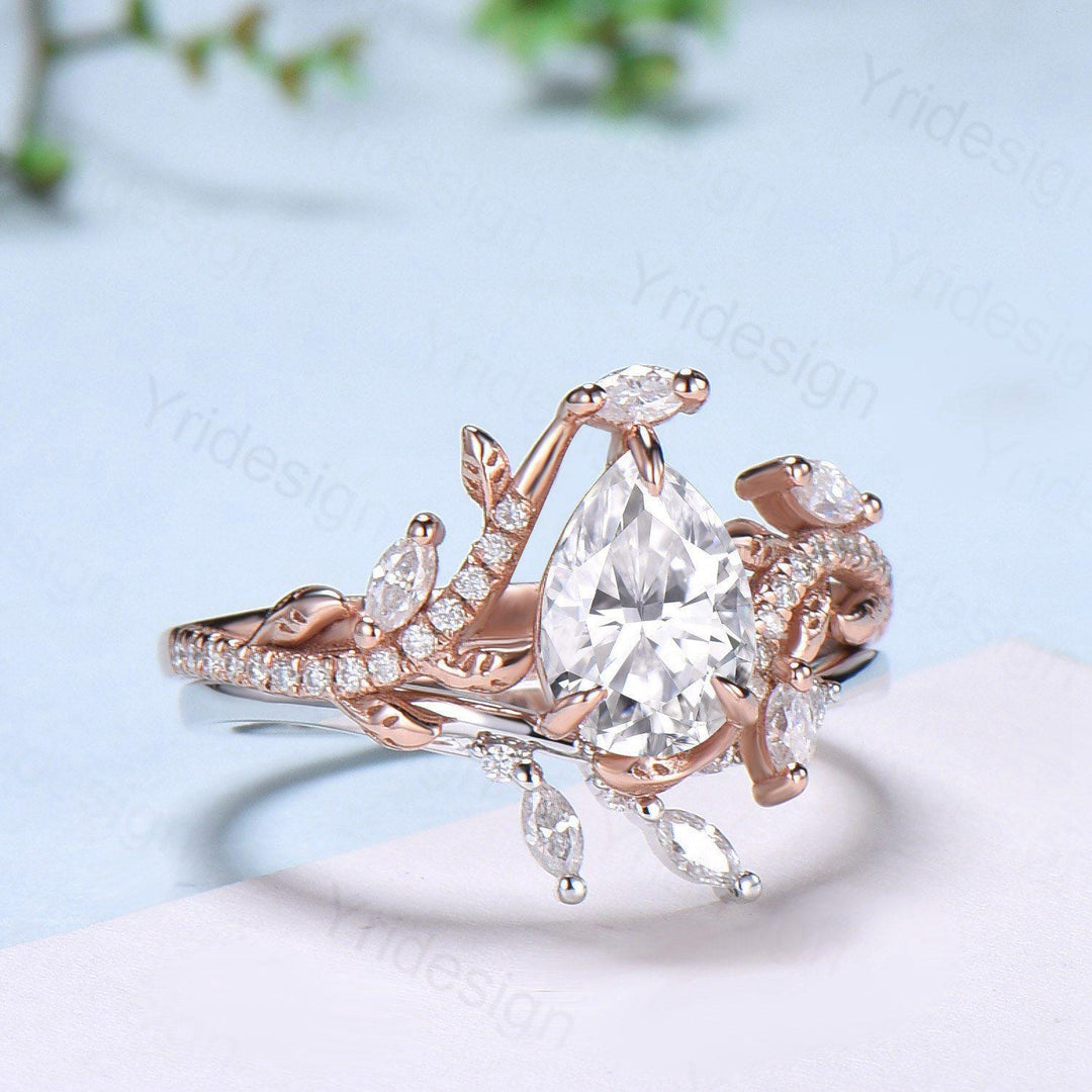 Pear Shaped Brilliant Moissanite Engagement Ring Set Nature Inspired Snake Eternity Wedding Set Moissanite Promise Bridal Set Women Gifts - PENFINE