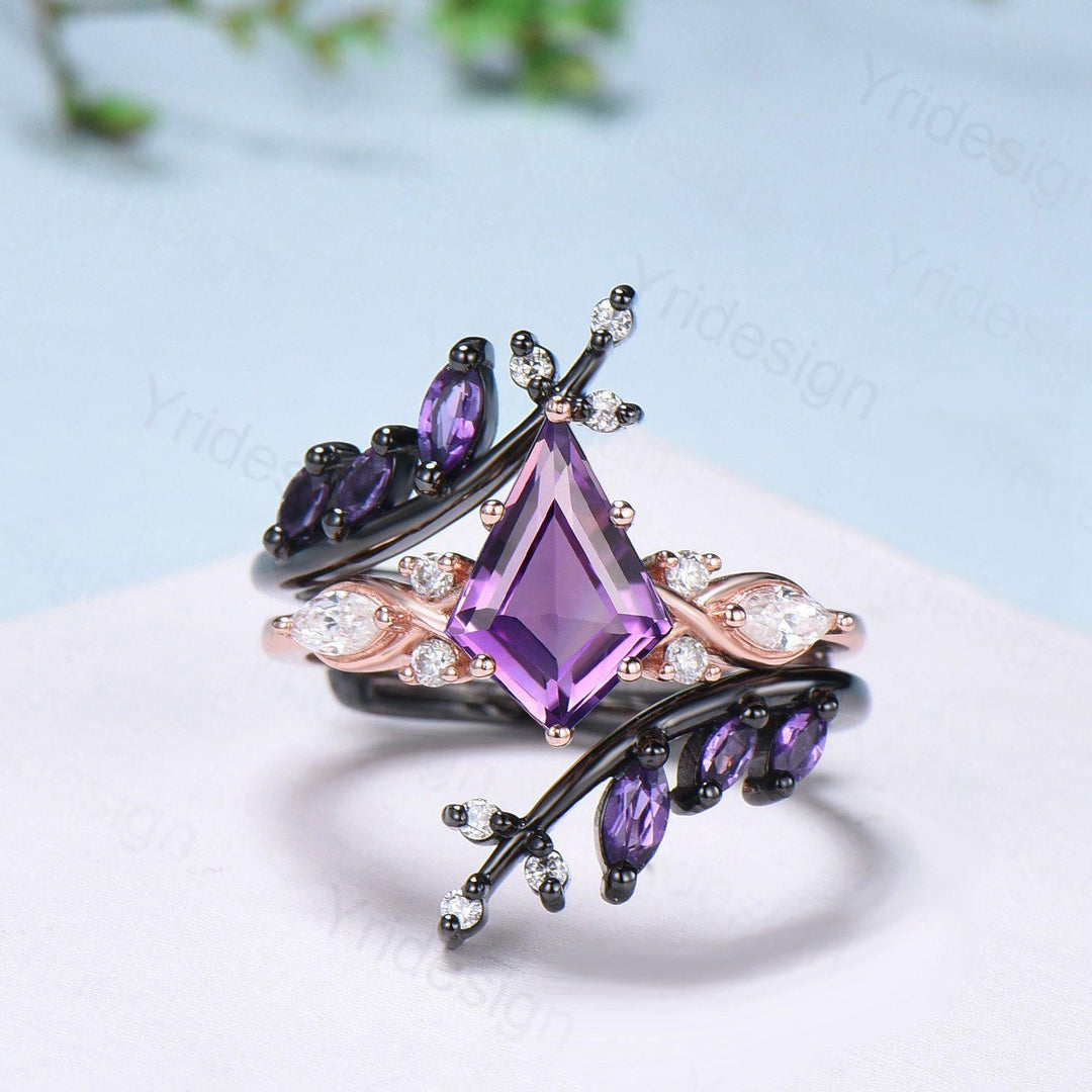 Vintage Kite cut amethyst engagement ring set Nature inspired purple gemstone wedding ring set marquise cut moissanite bridal ring set women - PENFINE