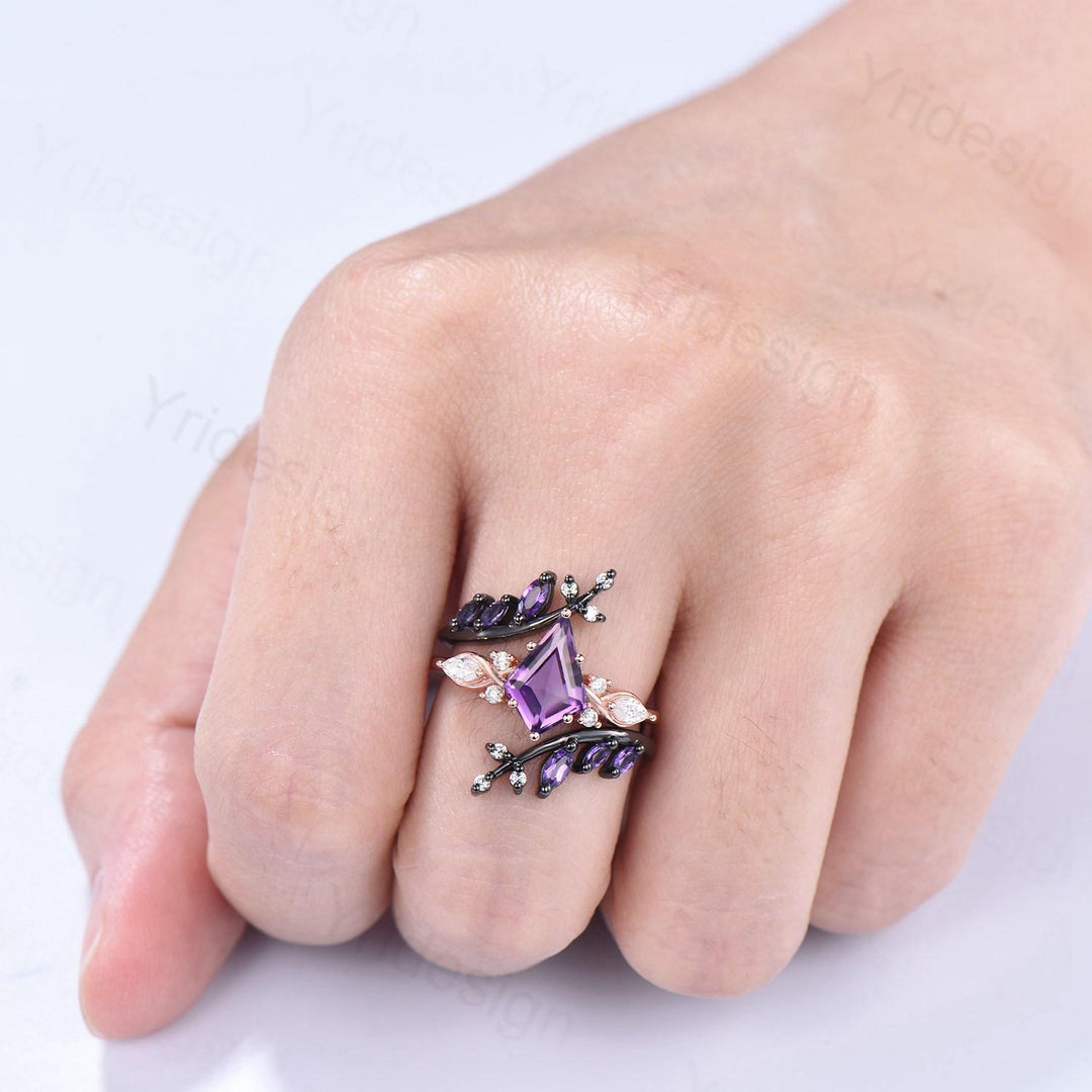Vintage Kite cut amethyst engagement ring set Nature inspired purple gemstone wedding ring set marquise cut moissanite bridal ring set women - PENFINE