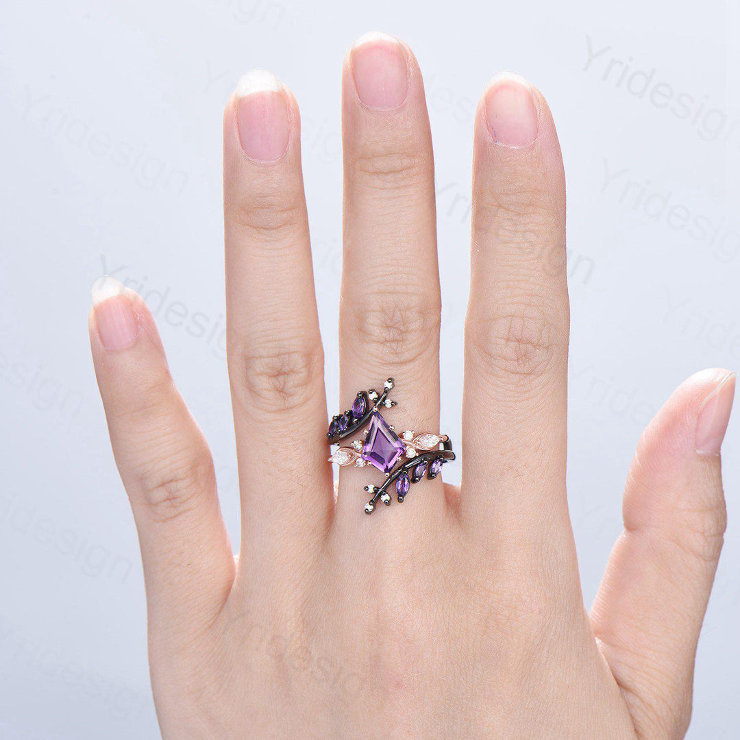 Vintage Kite cut amethyst engagement ring set Nature inspired purple gemstone wedding ring set marquise cut moissanite bridal ring set women - PENFINE
