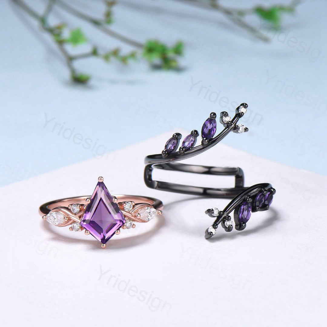 Vintage Kite cut amethyst engagement ring set Nature inspired purple gemstone wedding ring set marquise cut moissanite bridal ring set women - PENFINE