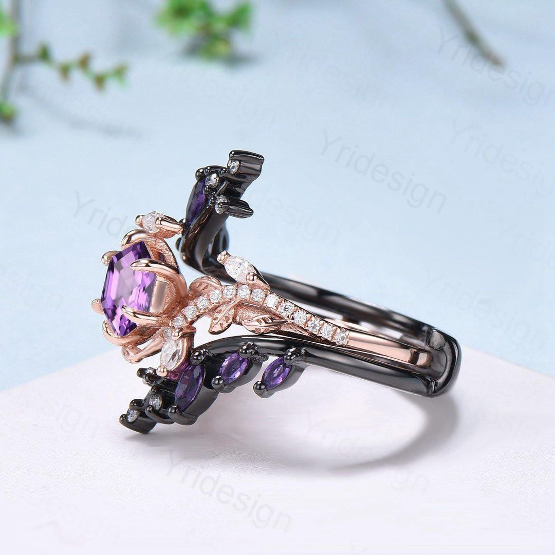 Nature Inspired hexagon amethyst engagement ring set black gold unique snake marquise cut purple gemstone ring bridal wedding set for women - PENFINE