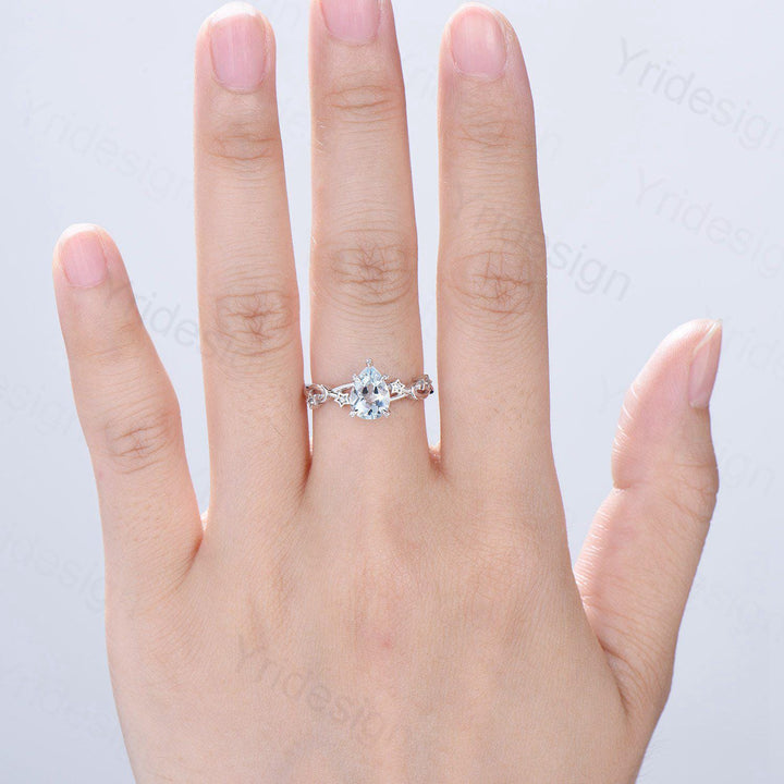 Vintage Natural Aquamarine Engagement Ring Pear Shaped 14K White Gold Moon Star Wedding Ring March Birthstone Moonstone Promise Ring Women - PENFINE