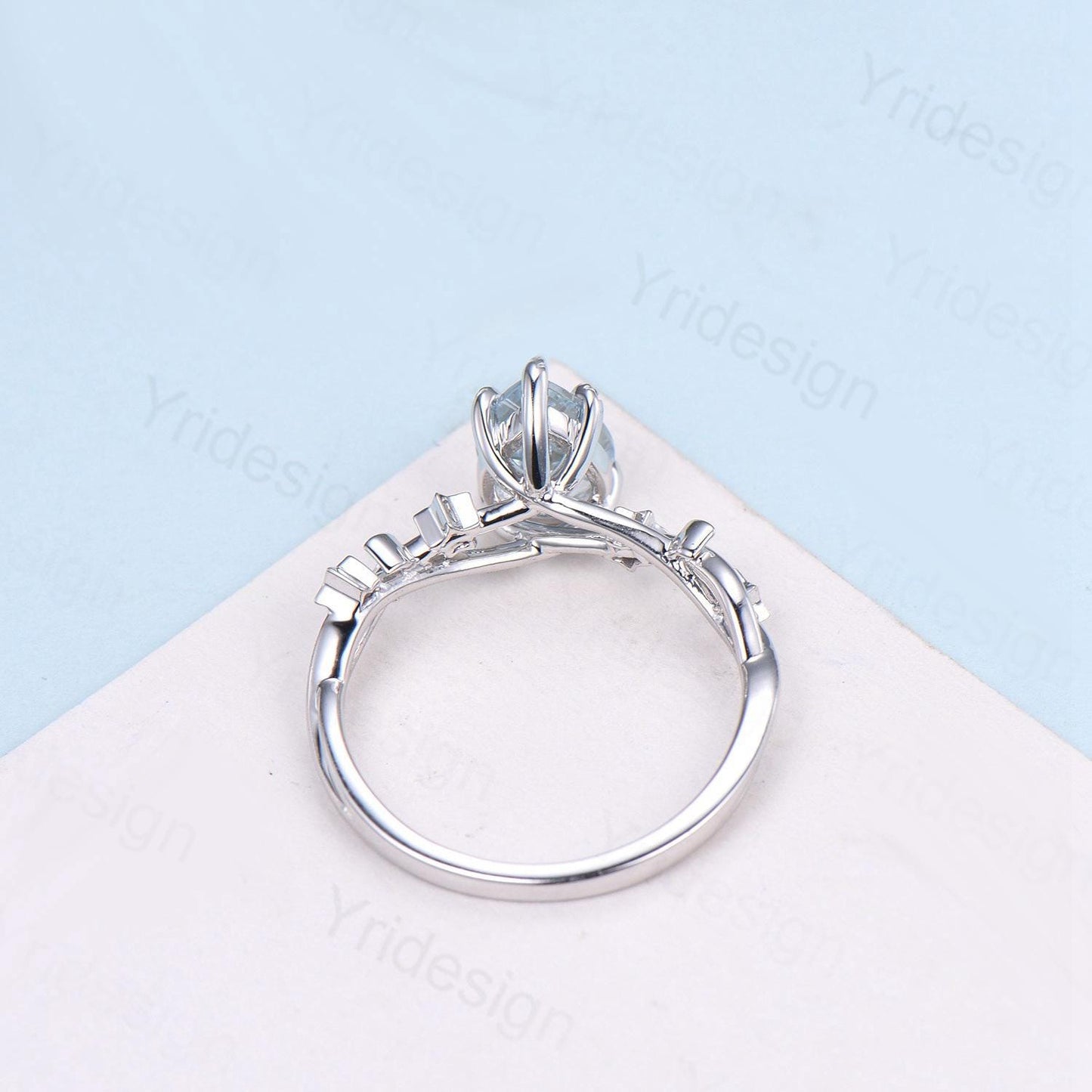 Vintage Natural Aquamarine Engagement Ring Pear Shaped 14K White Gold Moon Star Wedding Ring March Birthstone Moonstone Promise Ring Women - PENFINE