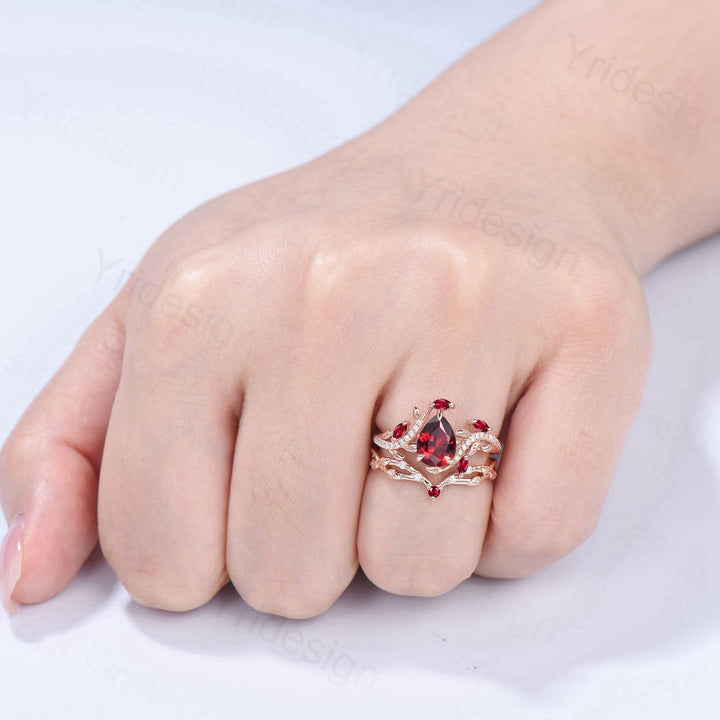 Nature Inspired Pear Shaped Ruby Engagement Ring Set Snake Marquise Ruby Wedding Ring Art Deco Bridal Set Twig Vine Leafy Anniversary Ring - PENFINE