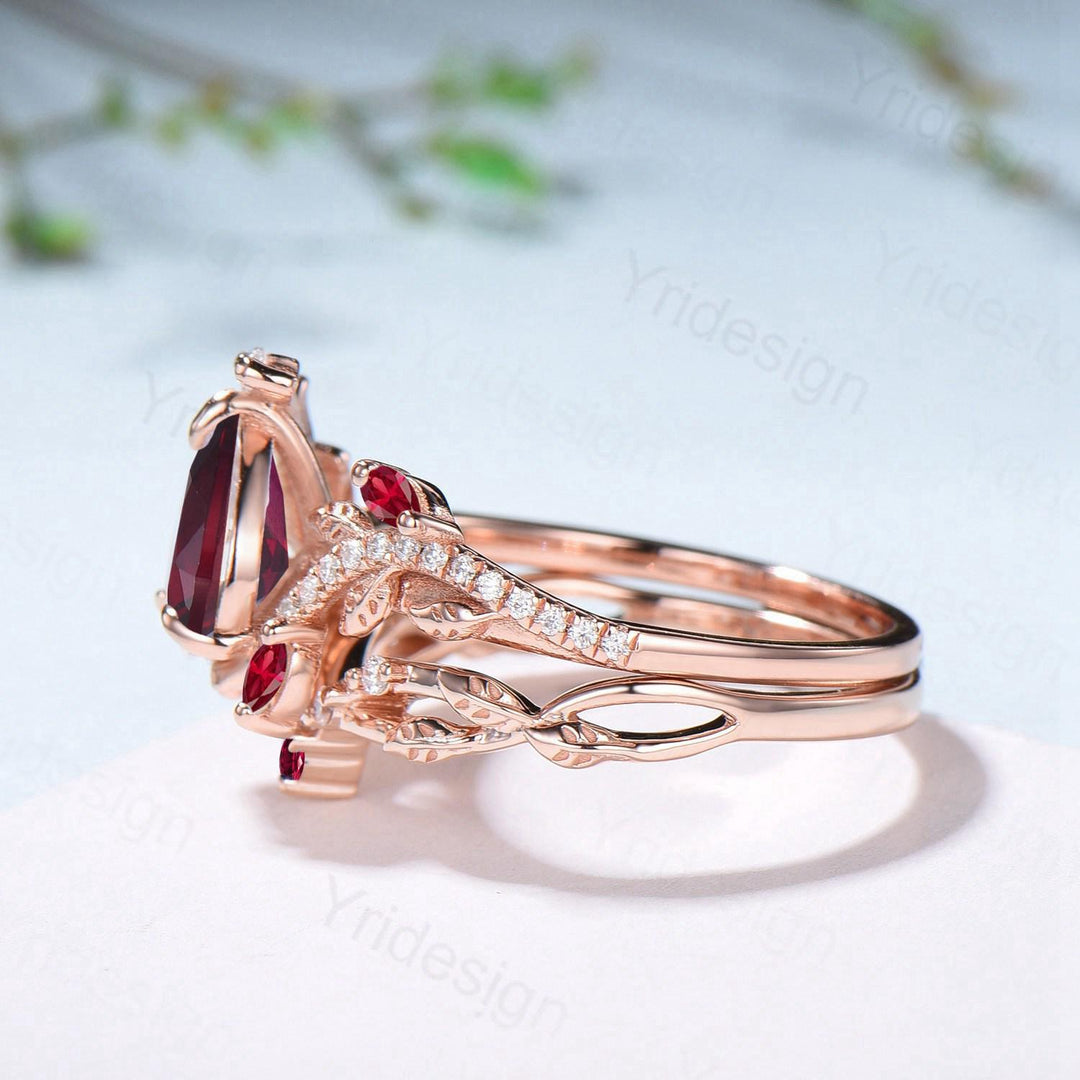 Nature Inspired Pear Shaped Ruby Engagement Ring Set Snake Marquise Ruby Wedding Ring Art Deco Bridal Set Twig Vine Leafy Anniversary Ring - PENFINE