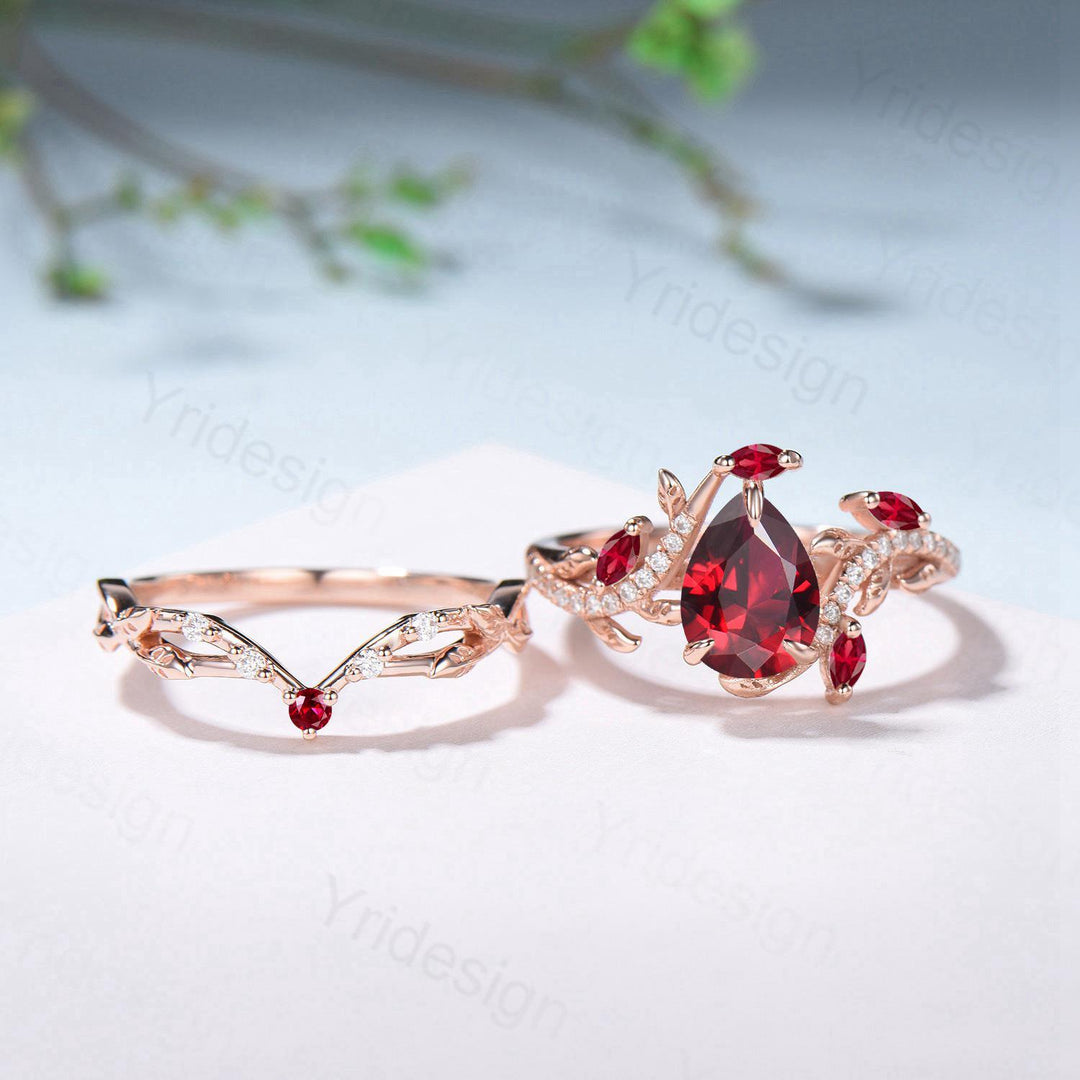 Nature Inspired Pear Shaped Ruby Engagement Ring Set Snake Marquise Ruby Wedding Ring Art Deco Bridal Set Twig Vine Leafy Anniversary Ring - PENFINE