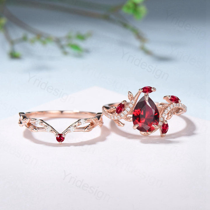 Nature Inspired Pear Shaped Ruby Engagement Ring Set Snake Marquise Ruby Wedding Ring Art Deco Bridal Set Twig Vine Leafy Anniversary Ring - PENFINE