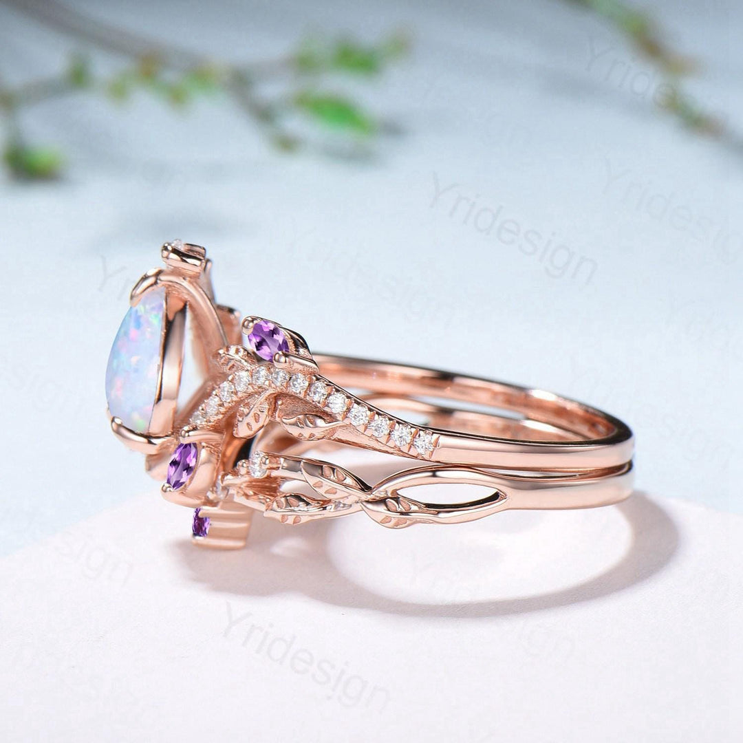 Vintage Pear Shaped White Fire Opal Engagement Ring Set Nature Inspired Snake Marqusie Opal Wedding Set 14K Rose Gold Amethyst Bridal Set - PENFINE