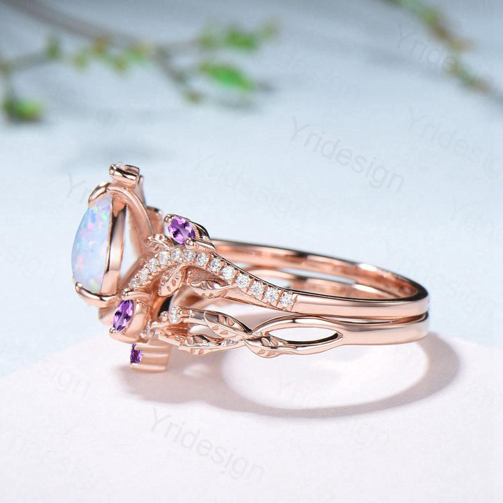 Vintage Pear Shaped White Fire Opal Engagement Ring Set Nature Inspired Snake Marqusie Opal Wedding Set 14K Rose Gold Amethyst Bridal Set - PENFINE