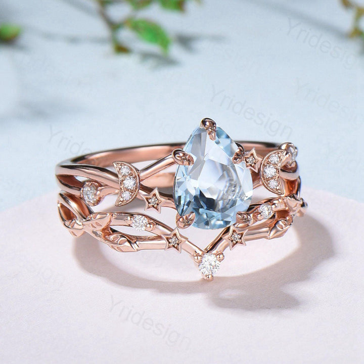 Unique Moon Star Natural Aquamarine Engagement Ring Set Nature Inspired March Birthstone Pear Shaped Wedding Ring Set Art Deco Bridal Set - PENFINE