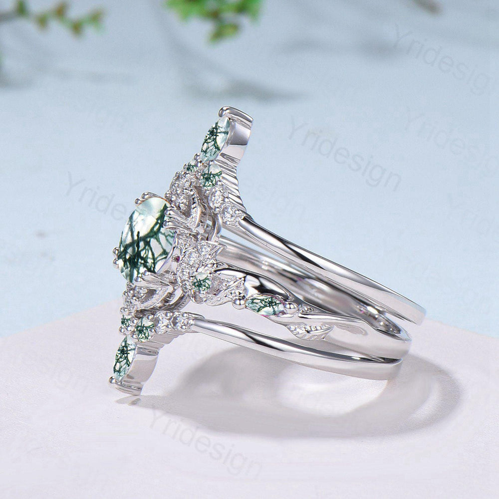 Vintage Natural Moss Agate Engagement Ring Set Nature Inspired Leaf Vine Round Cut Green Agate Wedding Ring Art Deco 3Pcs Bridal Ring Set - PENFINE
