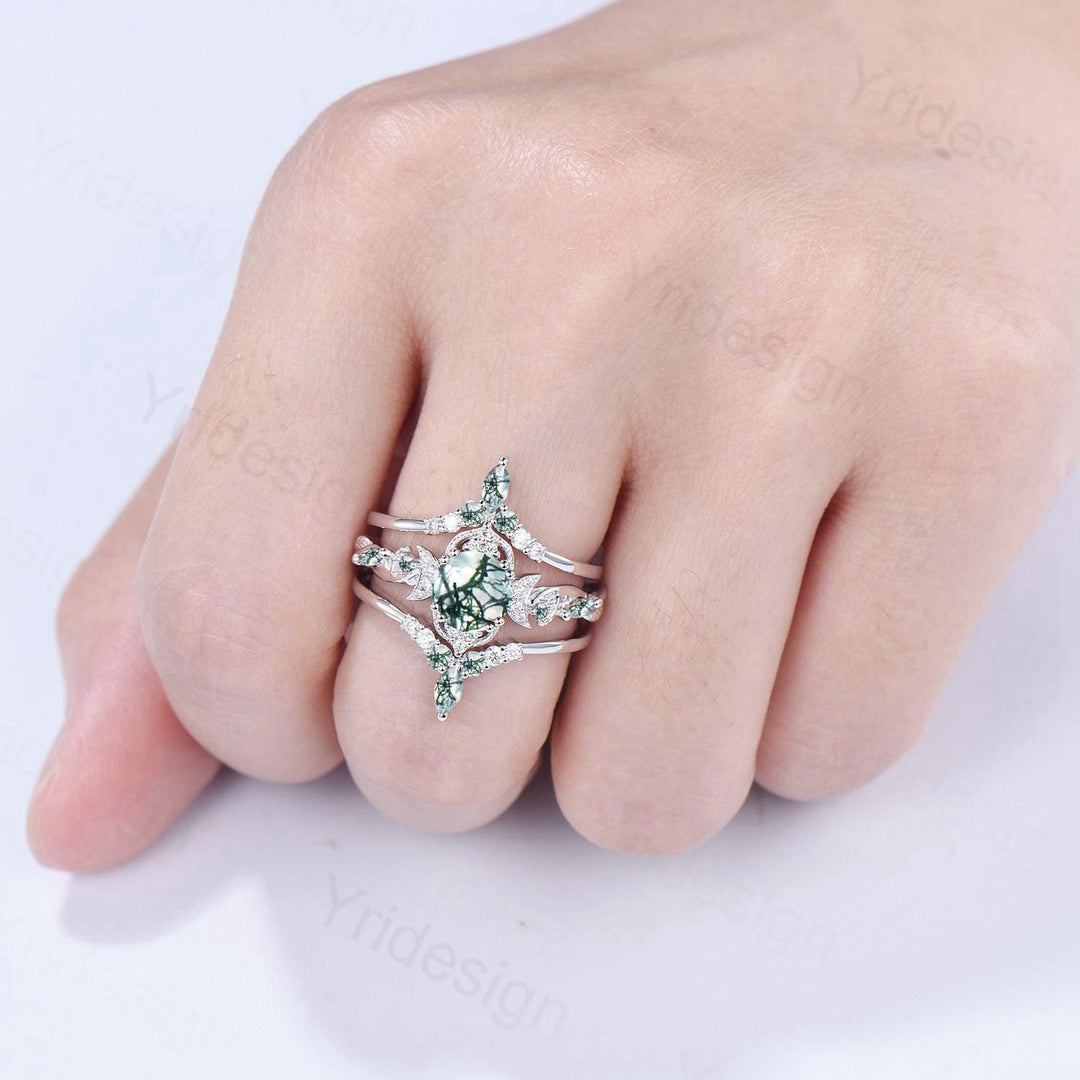 Vintage Natural Moss Agate Engagement Ring Set Nature Inspired Leaf Vine Round Cut Green Agate Wedding Ring Art Deco 3Pcs Bridal Ring Set - PENFINE