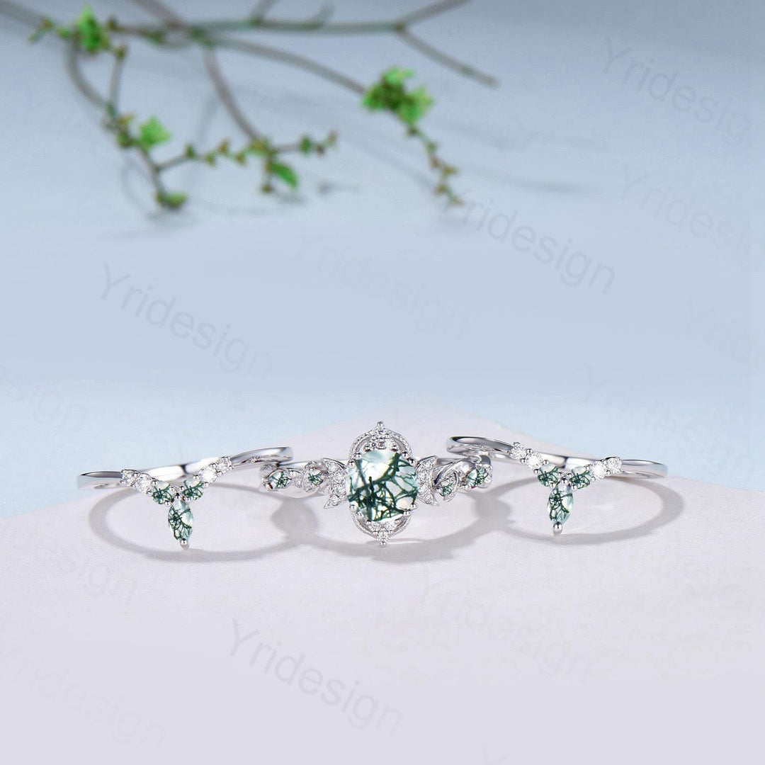 Vintage Natural Moss Agate Engagement Ring Set Nature Inspired Leaf Vine Round Cut Green Agate Wedding Ring Art Deco 3Pcs Bridal Ring Set - PENFINE
