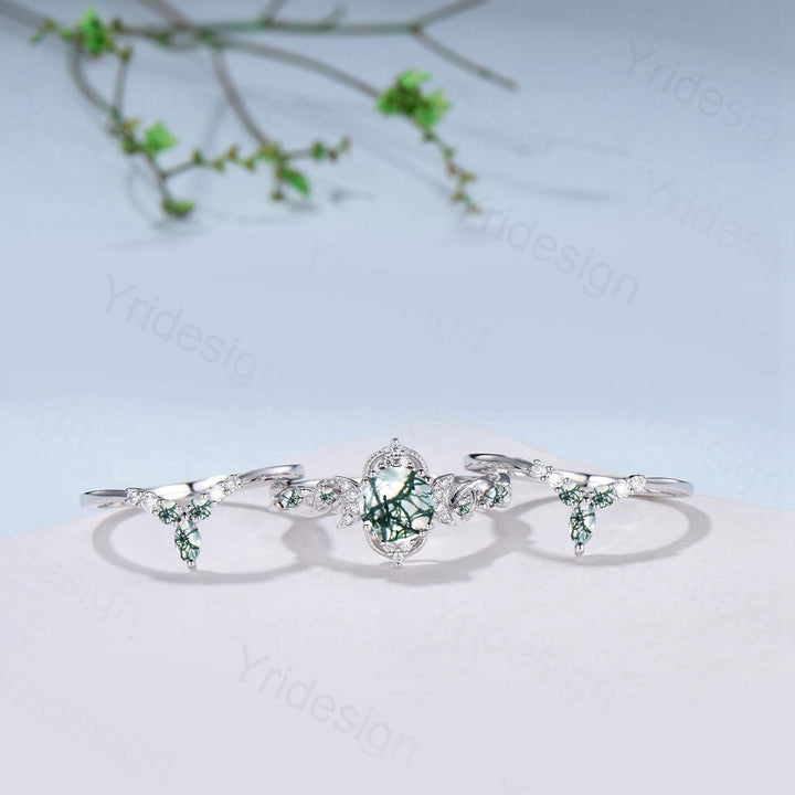 Vintage Natural Moss Agate Engagement Ring Set Nature Inspired Leaf Vine Round Cut Green Agate Wedding Ring Art Deco 3Pcs Bridal Ring Set - PENFINE