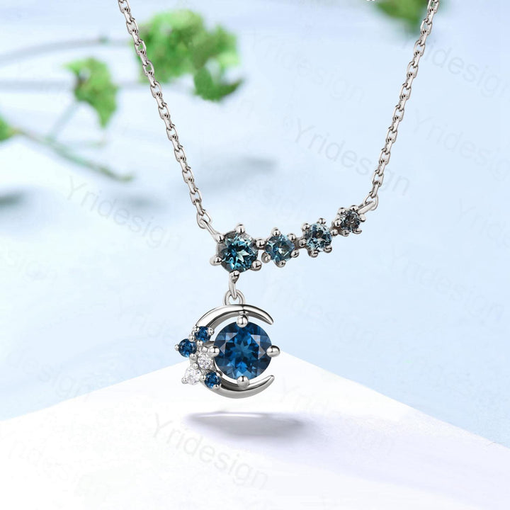 Elegant moon star London blue topaz pendant necklace 9k/14k/18k rose gold art deco silver rose gold topaz necklace Anniversary promise gift - PENFINE