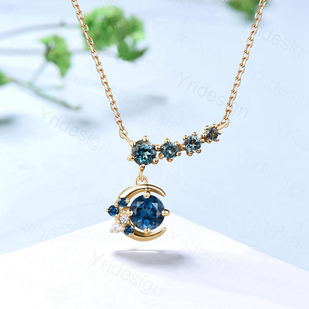 Elegant moon star London blue topaz pendant necklace 9k/14k/18k rose gold art deco silver rose gold topaz necklace Anniversary promise gift - PENFINE