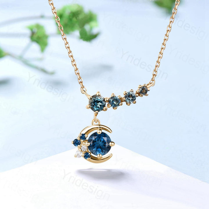 Elegant moon star London blue topaz pendant necklace 9k/14k/18k rose gold art deco silver rose gold topaz necklace Anniversary promise gift - PENFINE
