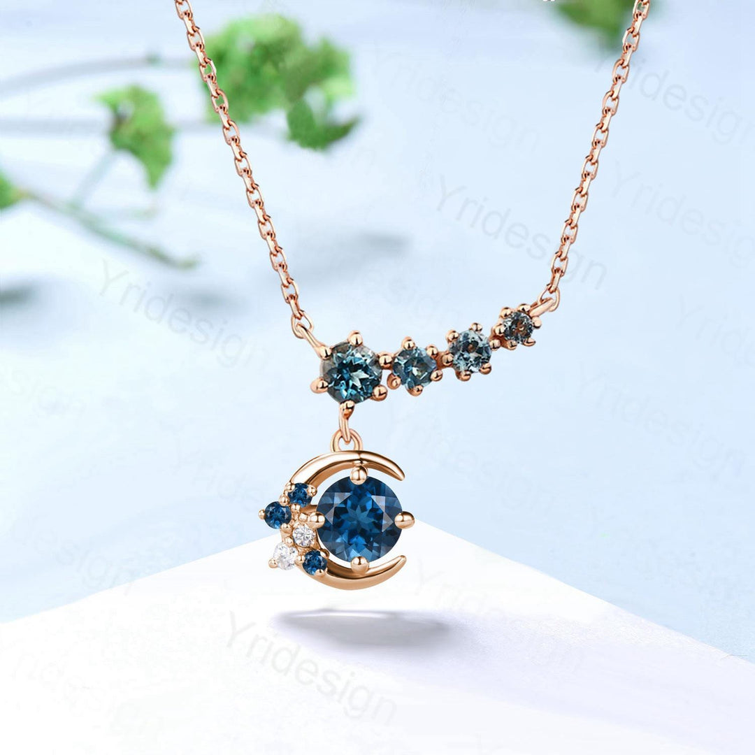 Elegant moon star London blue topaz pendant necklace 9k/14k/18k rose gold art deco silver rose gold topaz necklace Anniversary promise gift - PENFINE