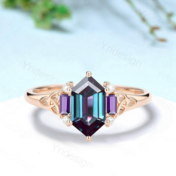 Unique Celtic Knot Long Hexagon Cut Alexandrite Engagement Ring Unique Norse Viking Cluster Baguette Amethyst Wedding Ring Anniversary gifts - PENFINE