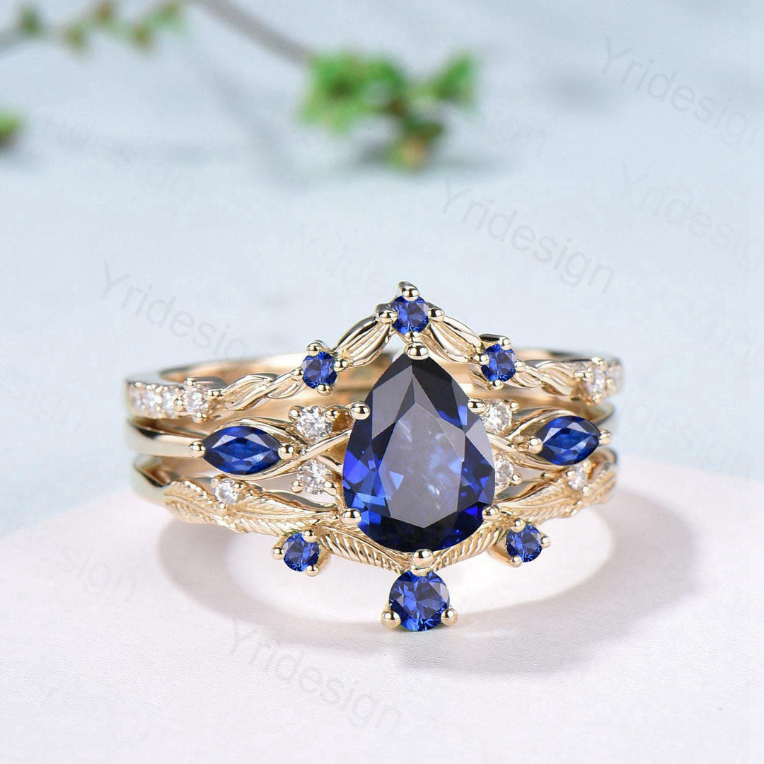 Vintage Sapphire engagement ring set yellow gold engagement ring Unique Bridal set leaf vine wedding Curved Anniversary Promise ring gift - PENFINE