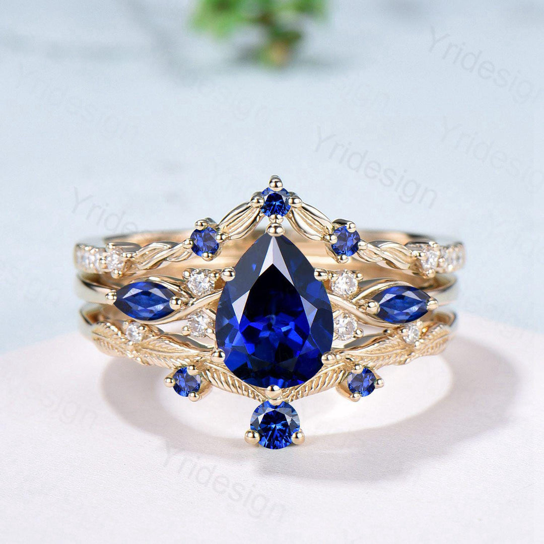 Vintage Sapphire engagement ring set yellow gold engagement ring Unique Bridal set leaf vine wedding Curved Anniversary Promise ring gift - PENFINE