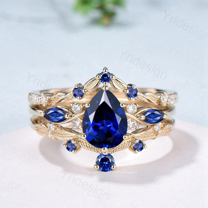 Vintage Sapphire engagement ring set yellow gold engagement ring Unique Bridal set leaf vine wedding Curved Anniversary Promise ring gift - PENFINE