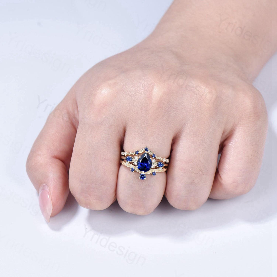 Vintage Sapphire engagement ring set yellow gold engagement ring Unique Bridal set leaf vine wedding Curved Anniversary Promise ring gift - PENFINE
