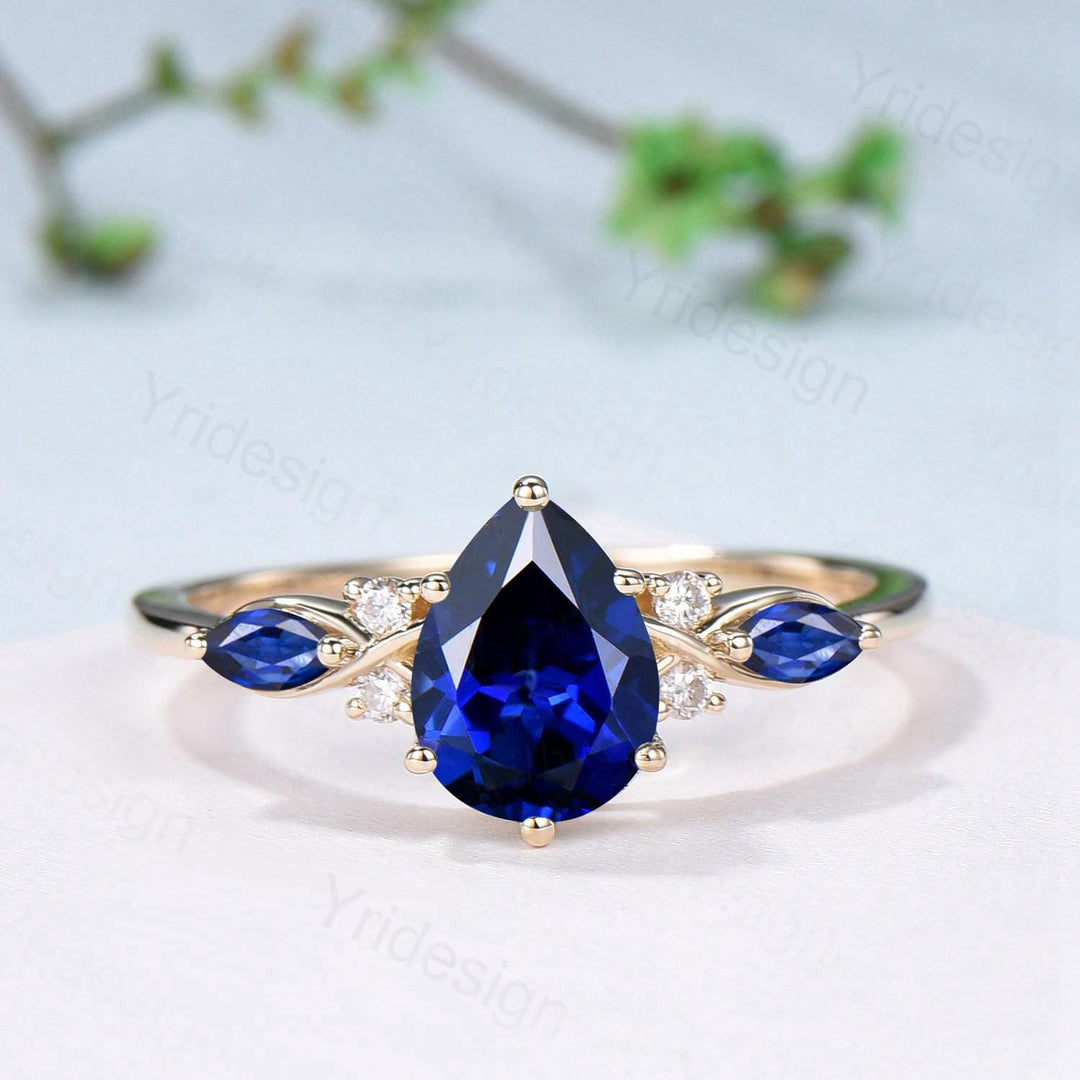 Vintage Sapphire engagement ring set yellow gold engagement ring Unique Bridal set leaf vine wedding Curved Anniversary Promise ring gift - PENFINE
