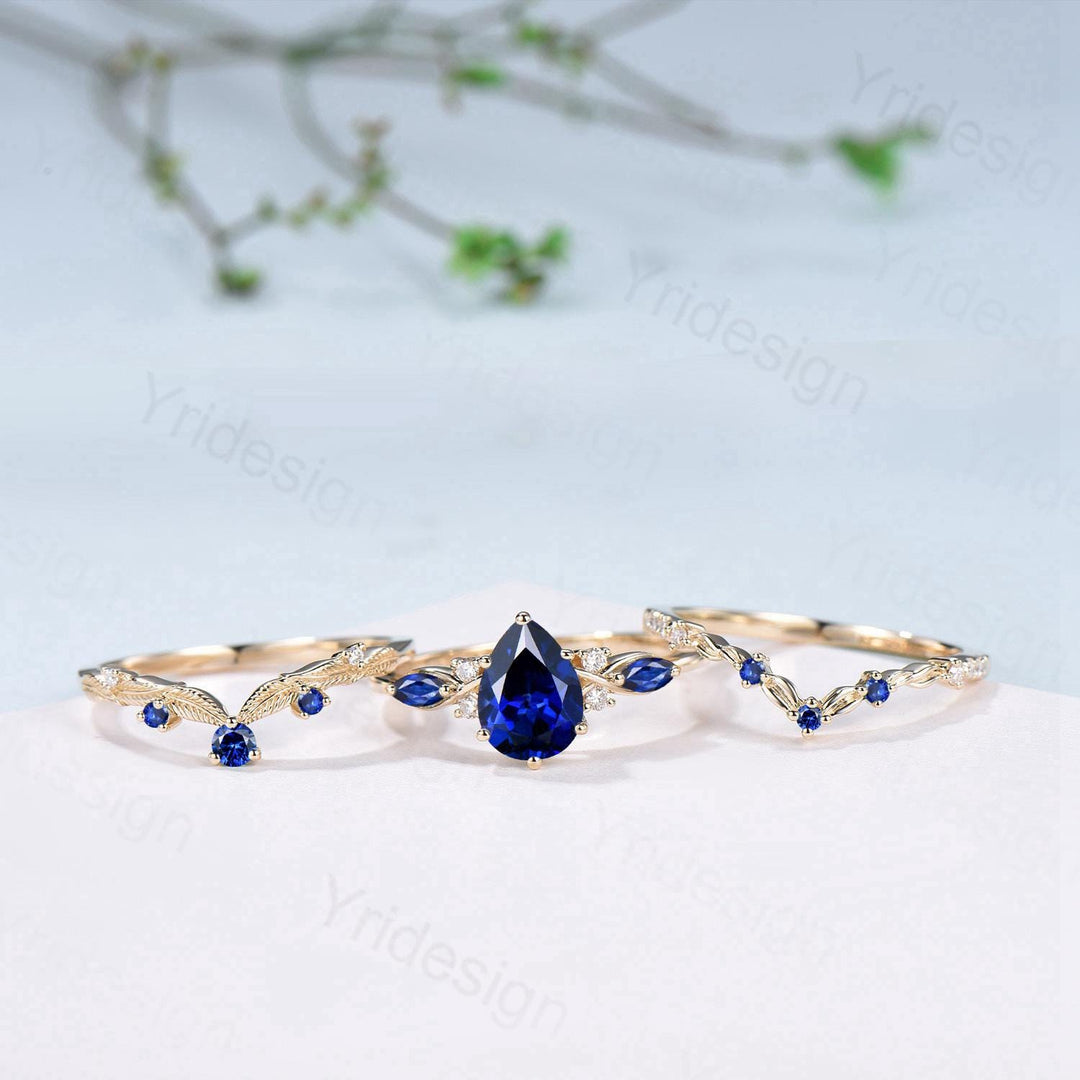 Vintage Sapphire engagement ring set yellow gold engagement ring Unique Bridal set leaf vine wedding Curved Anniversary Promise ring gift - PENFINE