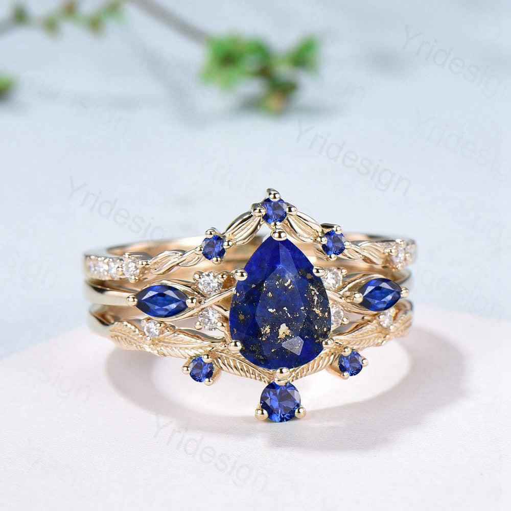 Vintage Lapis Lazuli engagement ring set blue gemstone engagement ring Unique sapphire bridal set leaf vine Curved Anniversary Promise gift - PENFINE