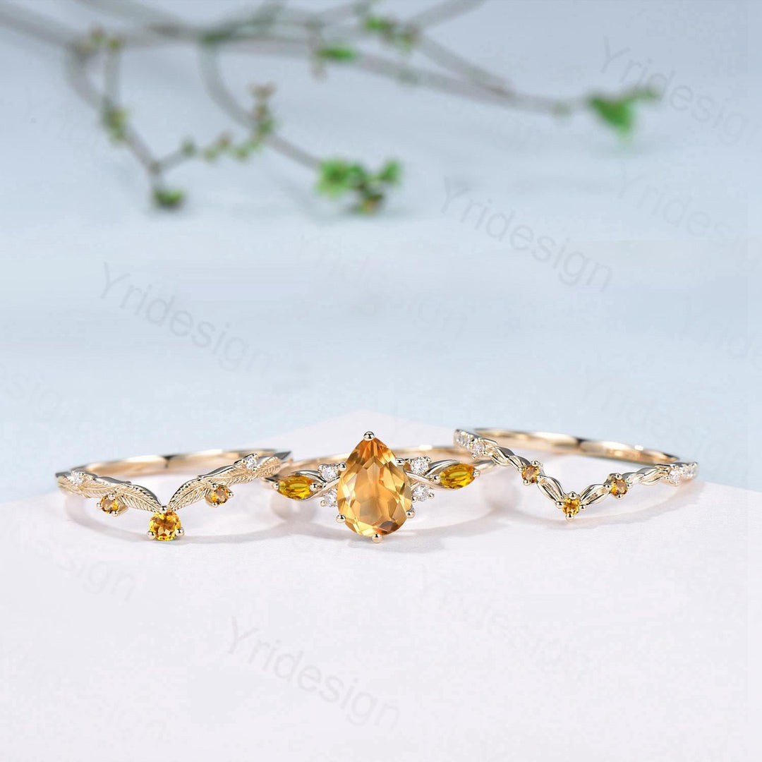 Vintage Citrine engagement ring set November birthstone wedding ring set Unique Yellow Gold Bridal set Curved Anniversary Promise ring gifts - PENFINE