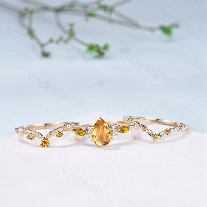 Vintage Citrine engagement ring set November birthstone wedding ring set Unique Yellow Gold Bridal set Curved Anniversary Promise ring gifts - PENFINE