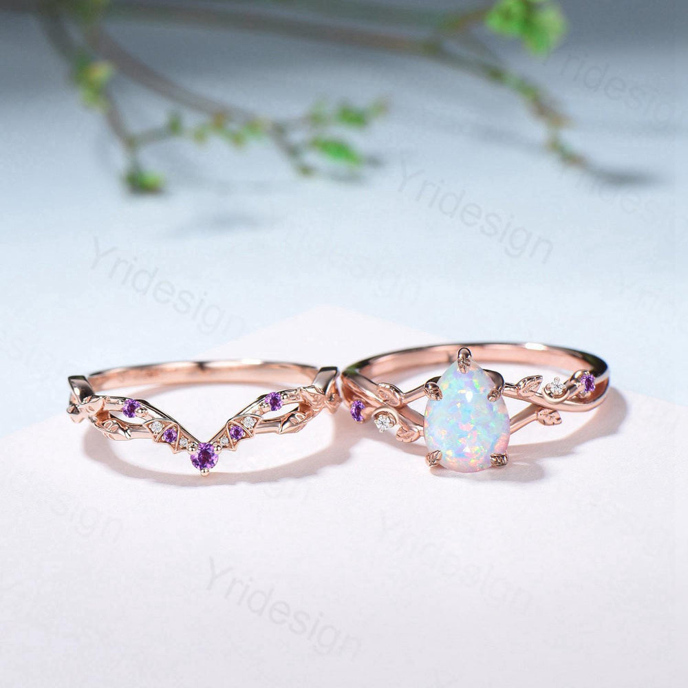Teardrop White Opal Engagement Ring Set October Birthstone Amethyst Moon Bat Wedding Band Leaf Nature Inspired 2pcs Rose Gold Bridal Set - PENFINE