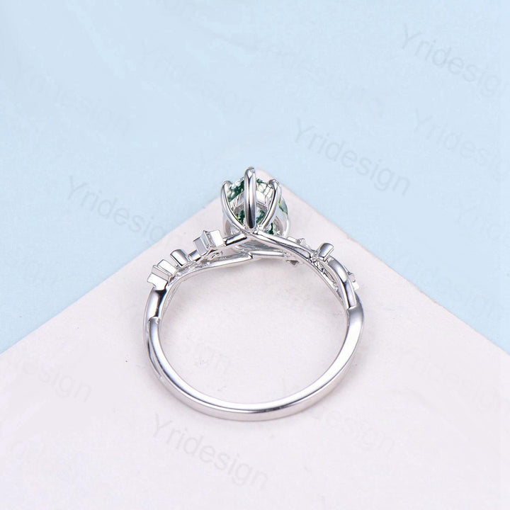 Vintage Pear Shaped Moss Agate Engagement Ring Moon Star Cluster Emerald Wedding Ring Silver White Gold Split Shank Leaves Vine Prong Ring - PENFINE