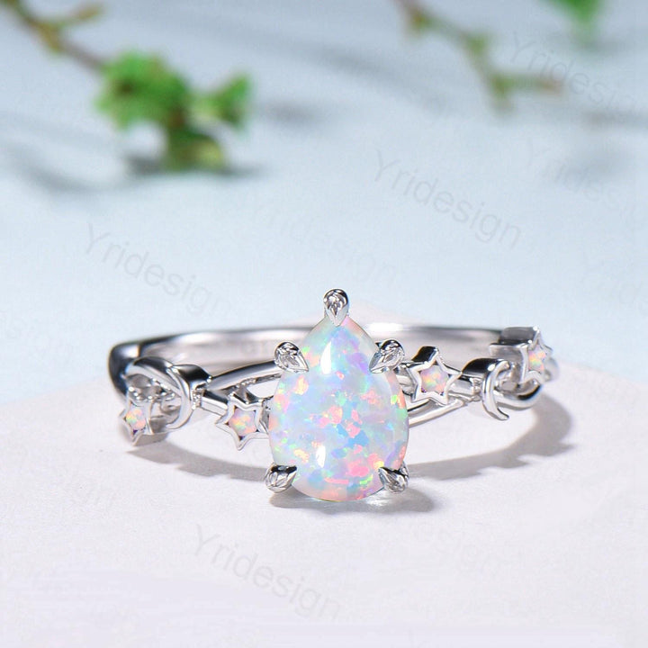 Vintage Pear Shaped White Opal Engagement Ring Moon Star Cluster Emerald Wedding Ring Silver Gold October Birthstone Leaves Vine Prong Ring - PENFINE