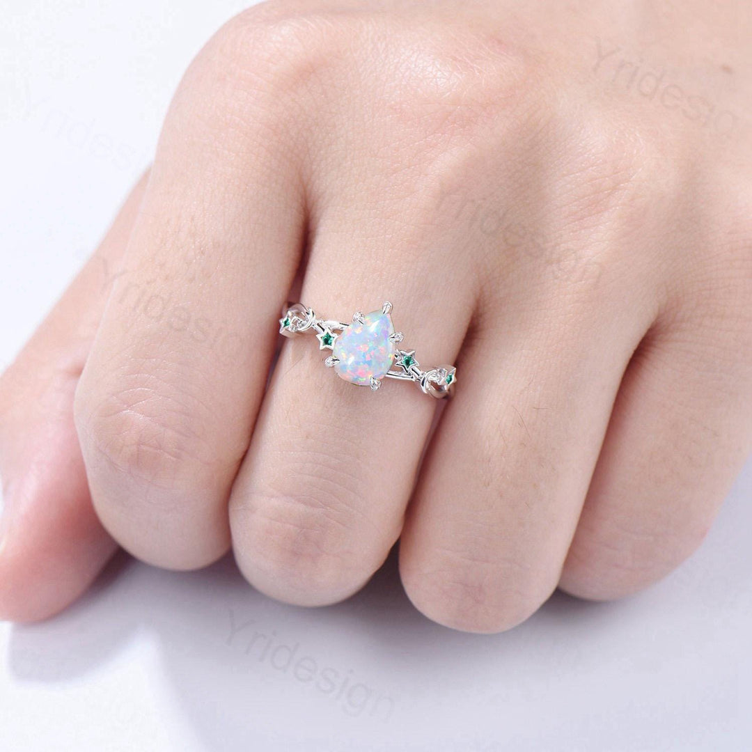 Vintage Pear Shaped White Opal Engagement Ring Moon Star Cluster Emerald Wedding Ring Silver Gold October Birthstone Leaves Vine Prong Ring - PENFINE