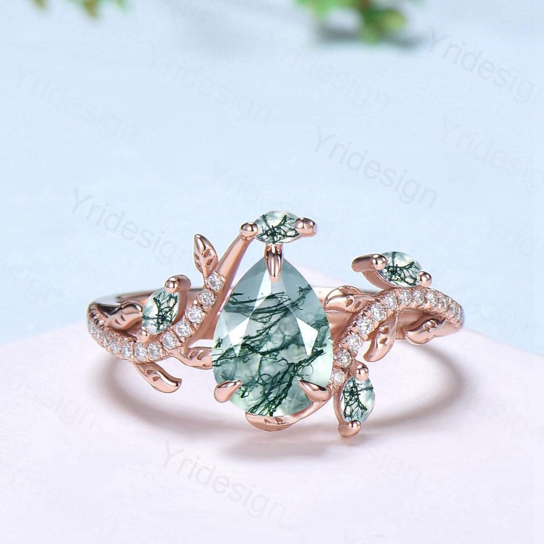 Vintage Pear Shaped Moss Agate Engagement Ring Set Nature Inspired Snake Eternity Wedding Set Agate Diamond Bridal Ring Set Twig Branch Ring - PENFINE