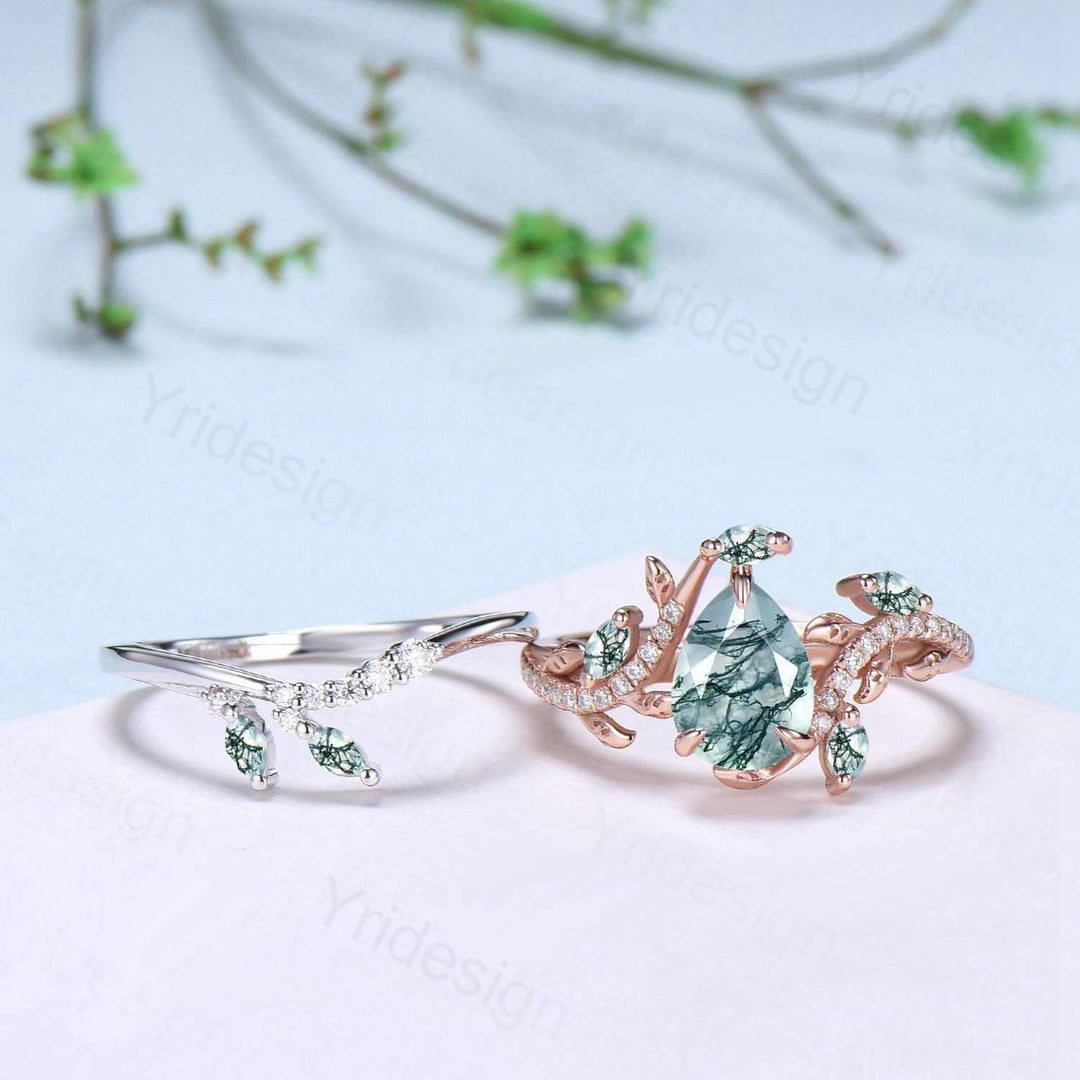 Vintage Pear Shaped Moss Agate Engagement Ring Set Nature Inspired Snake Eternity Wedding Set Agate Diamond Bridal Ring Set Twig Branch Ring - PENFINE