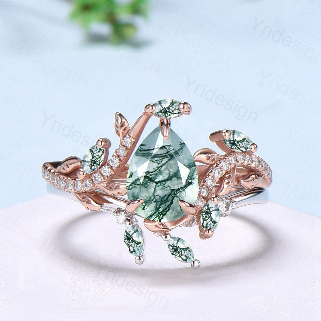 Vintage Pear Shaped Moss Agate Engagement Ring Set Nature Inspired Snake Eternity Wedding Set Agate Diamond Bridal Ring Set Twig Branch Ring - PENFINE