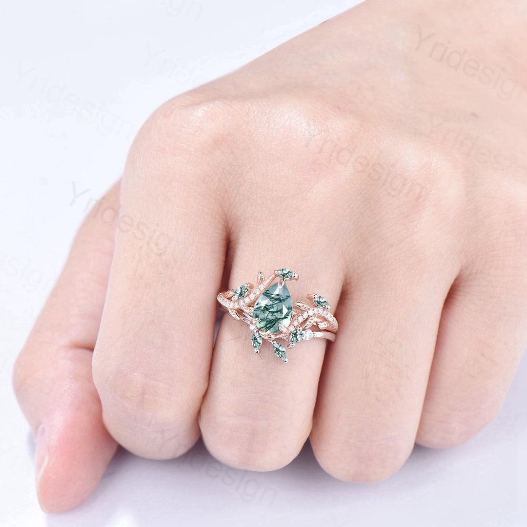 Vintage Pear Shaped Moss Agate Engagement Ring Set Nature Inspired Snake Eternity Wedding Set Agate Diamond Bridal Ring Set Twig Branch Ring - PENFINE