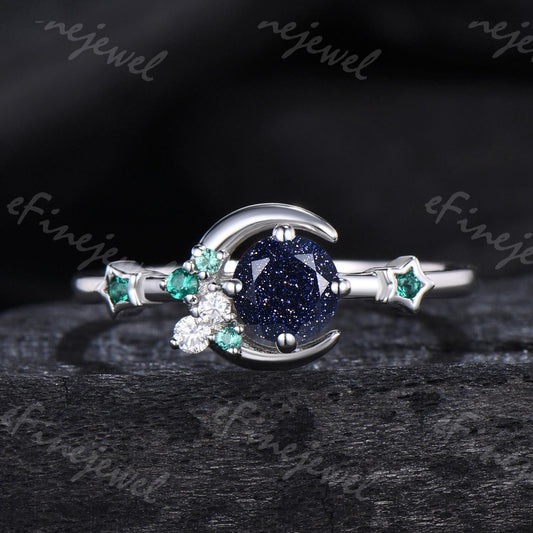 Blue Sandstone Engagement Ring: Moon, Star, Emerald Galaxy Ring - PENFINE