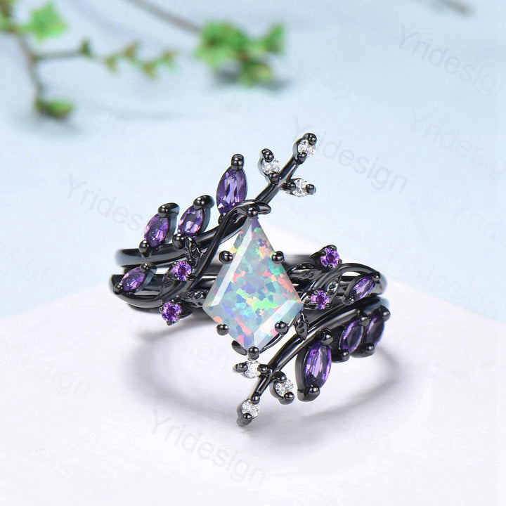 Unique Cage Leafy White Opal Wedding Ring Set Nature Inspired Kite Fire Opal Engagement Ring Black Gold Knight Bridal Set Anniversary Gift - PENFINE
