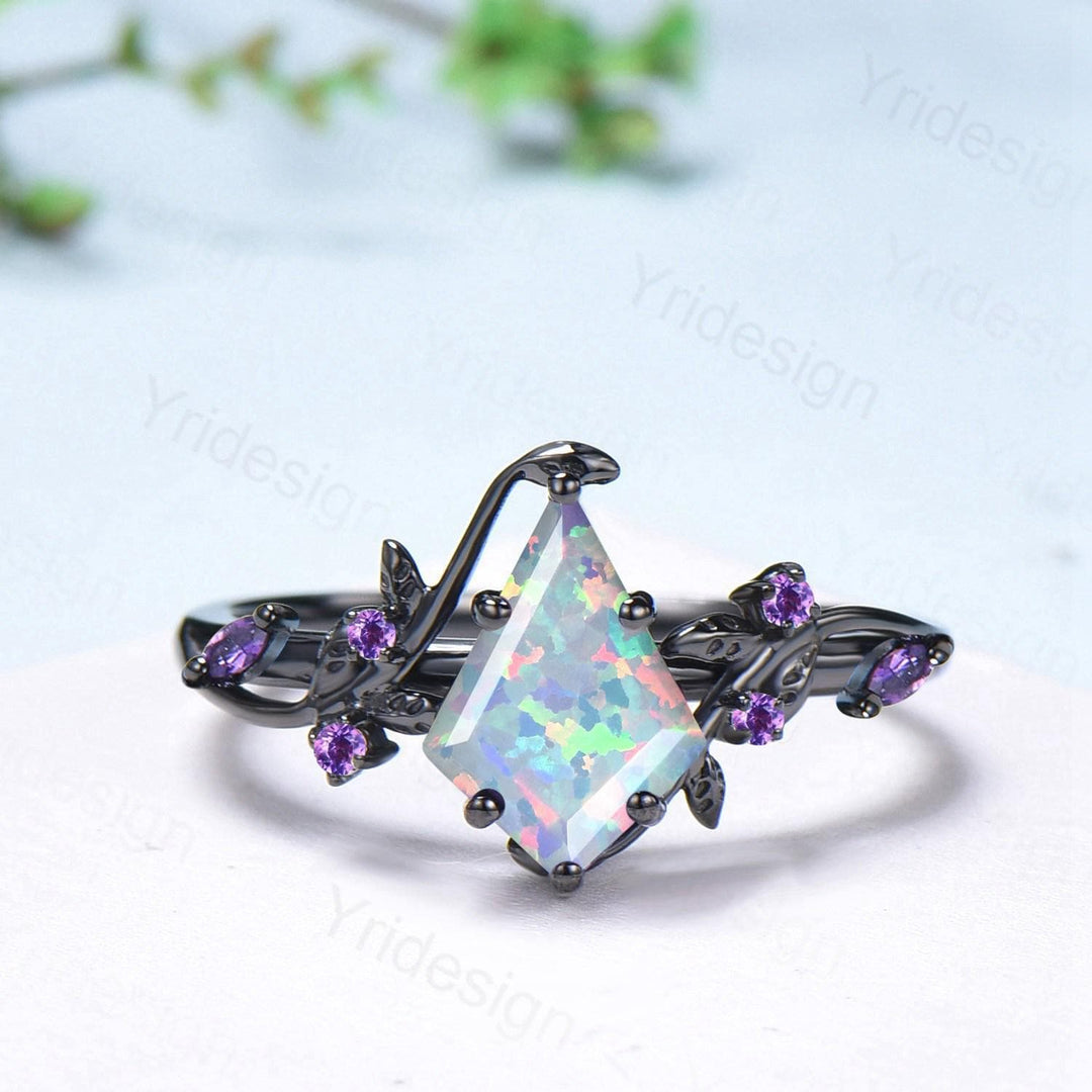 Unique Cage Leafy White Opal Wedding Ring Set Nature Inspired Kite Fire Opal Engagement Ring Black Gold Knight Bridal Set Anniversary Gift - PENFINE
