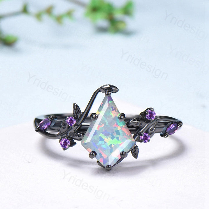 Unique Cage Leafy White Opal Wedding Ring Set Nature Inspired Kite Fire Opal Engagement Ring Black Gold Knight Bridal Set Anniversary Gift - PENFINE