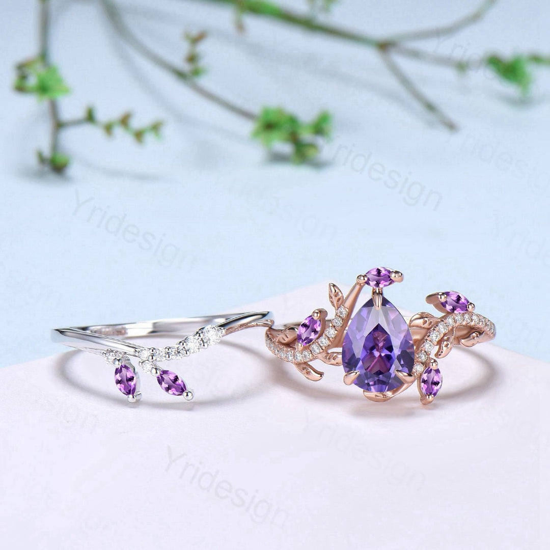 Vintage Pear Shaped Purple Sapphire Engagement Ring Set Nature Inspired Snake Eternity Wedding Set Amethyst Bridal Ring Set Twig Branch Ring - PENFINE