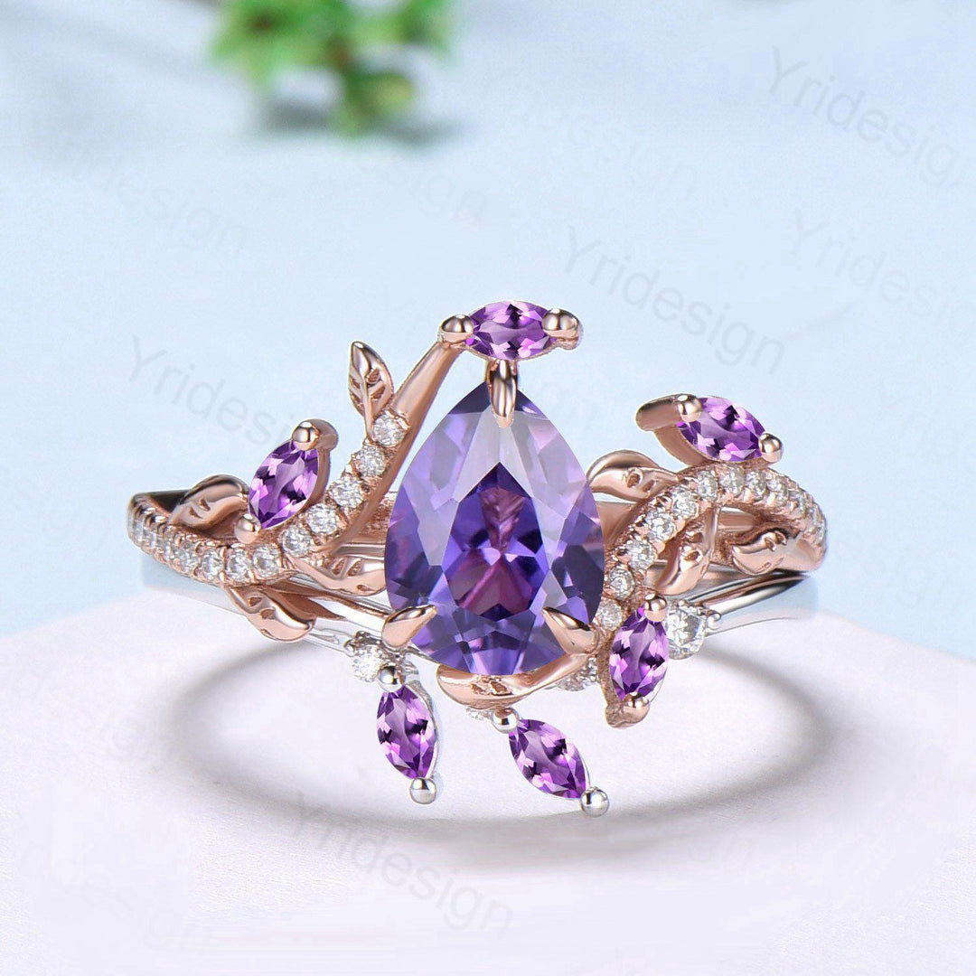 Vintage Pear Shaped Purple Sapphire Engagement Ring Set Nature Inspired Snake Eternity Wedding Set Amethyst Bridal Ring Set Twig Branch Ring - PENFINE